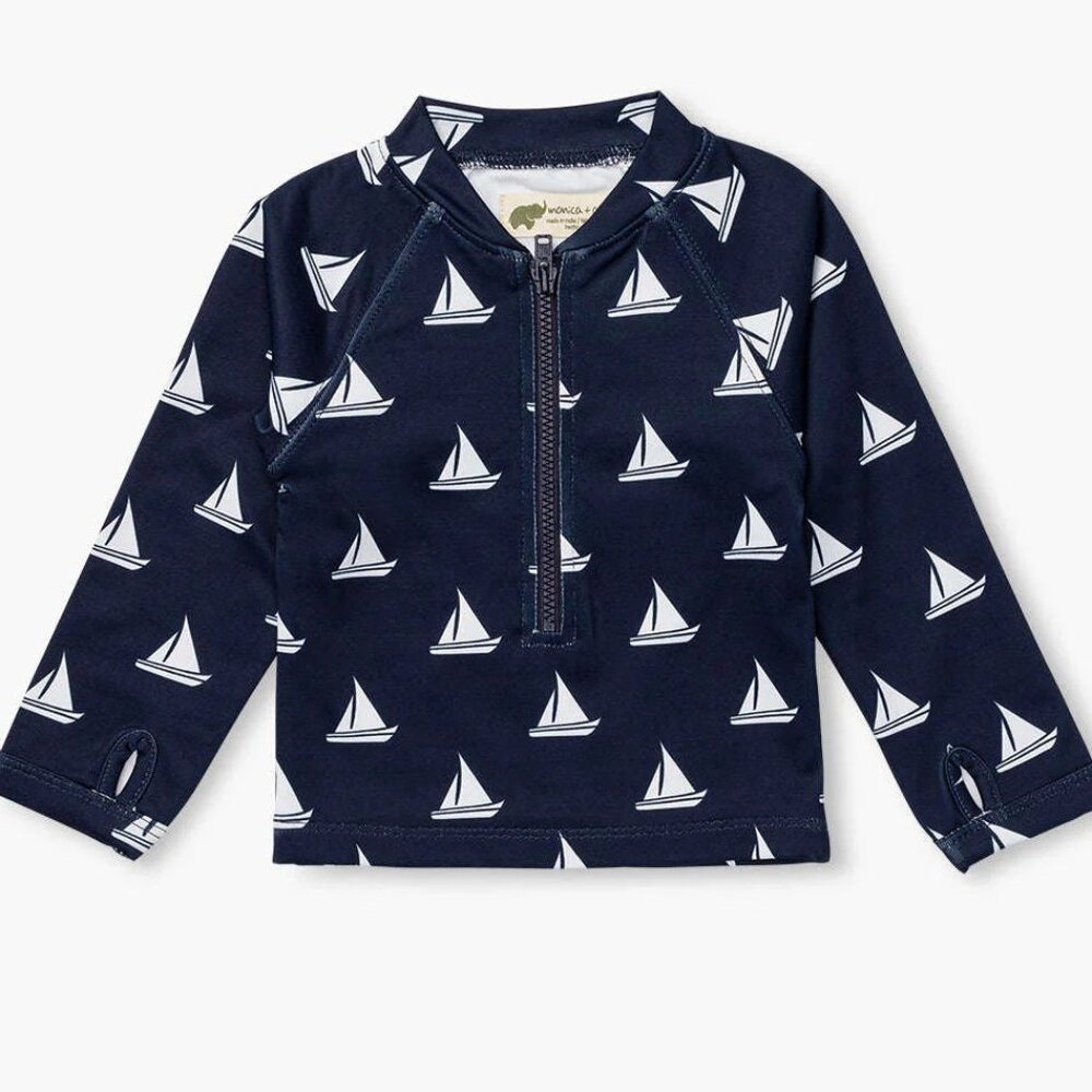 NIP MONICA & ANDY Rashguard ½ Zip Top – Comes Sail Away on Navy – Infant 3-6 mon